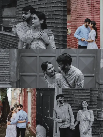 A collage of moments from Dhruvesh and Dhara's pre-wedding shoot in Mumbai. It captures their interactions against the rustic brick walls and old-world charm of the city.