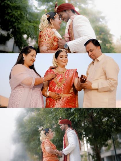 A collection of moments showing the couple's interactions and blessings from parents, telling a small story of family and love.