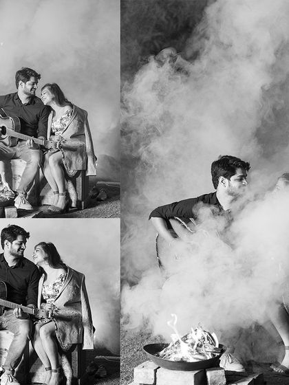 A dramatic black and white collage of a couple by a bonfire. The smoke creates a moody and artistic effect, perfect for a unique and memorable pre-wedding concept shoot.