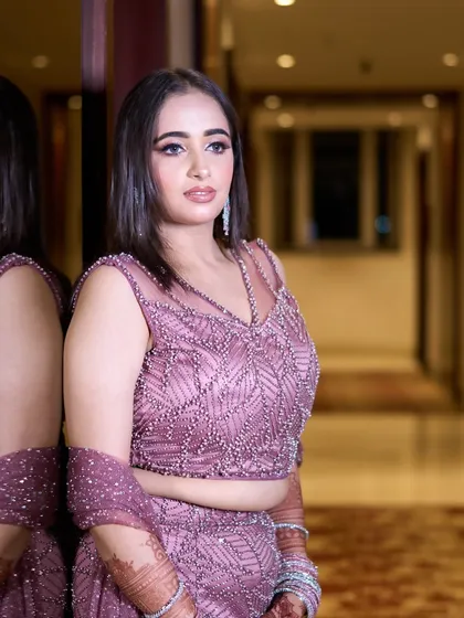 Gave my bride a rosy makeover for her engagement, and she looked beyond stunning. The soft pink tones on her eyes and cheeks created a fresh and romantic look.
