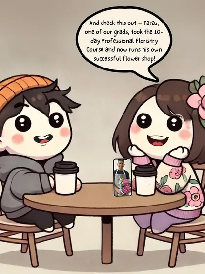 This comic highlights a real success story. Faraz, one of my graduates, took the 10-day Professional Floristry Course and now runs his own successful flower shop. This is the power of practical, business-focused training.