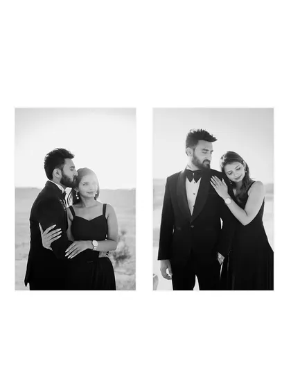 A diptych of black and white images that captures both a formal pose and a tender moment, telling a story of both elegance and intimacy.