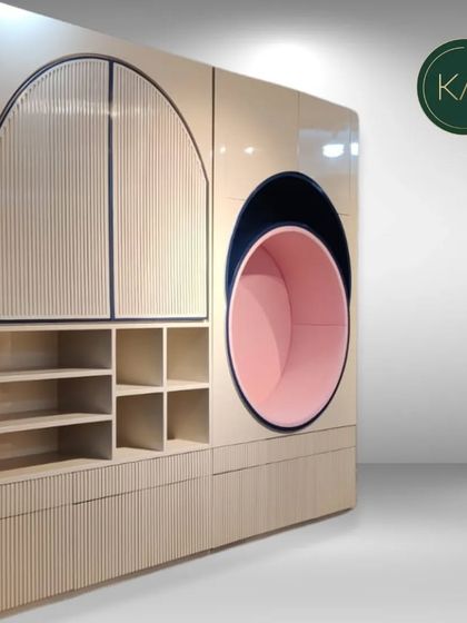 A studio shot of the playful storage unit, highlighting its unique geometric shapes and color combination. This piece is designed to spark creativity while keeping the room organized.