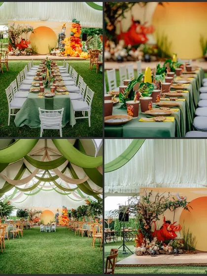 This collage showcases various elements of the outdoor Lion King party. It includes views of the long guest tables, detailed place settings, the draped ceiling, and the main stage area.
