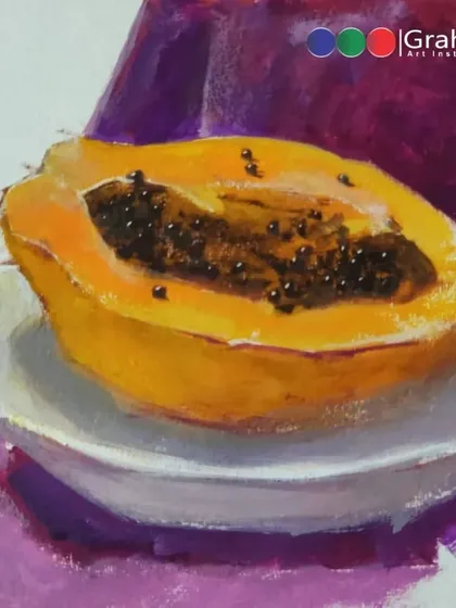 The finished still life painting of the papaya, brought to life with rich colors and textures. This shows the full journey from sketch to final artwork.