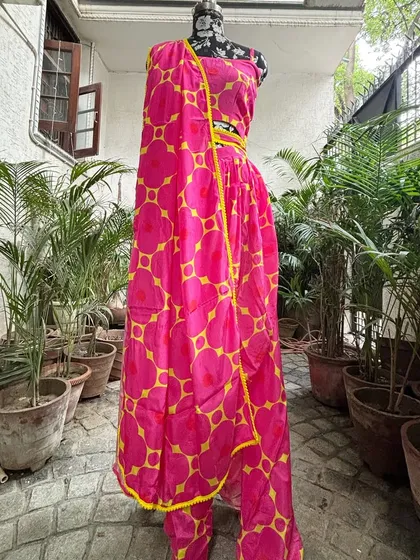 Another angle of the dhoti set, showing the pre-draped dupatta.