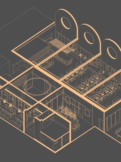 An isometric drawing of the ADND SILO office, revealing the complex, multi-layered interior within the restored industrial shell.