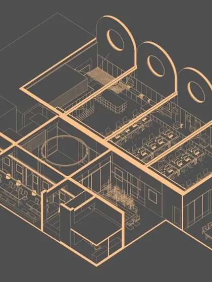An isometric drawing of the ADND SILO office, revealing the complex, multi-layered interior within the restored industrial shell.