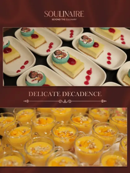 A collage of delicate decadence, featuring custom-branded cheesecakes and refreshing mango mousse cups. Our desserts can be personalized to match your event's theme.