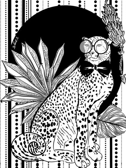 A sleek and stylish leopard, complete with a bow tie and glasses. This monochrome illustration plays with patterns and accessories to create a dapper wildlife character.
