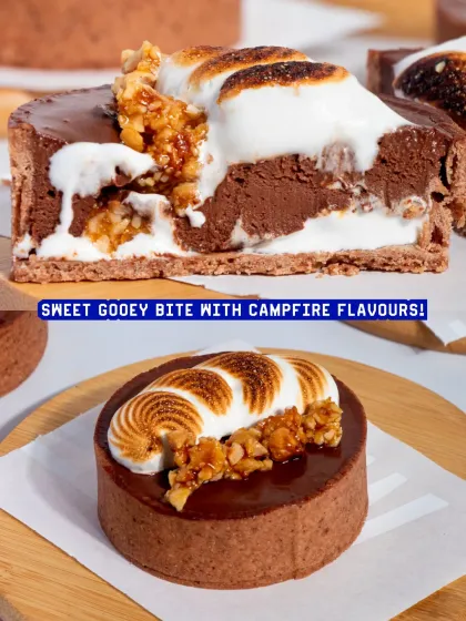 A cross-section of the S'mores Tart, showing all the delicious layers. This is a complex, multi-textured dessert that will impress your customers.