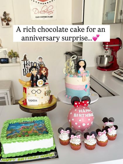 A busy day in the kitchen with a variety of cakes, including a Harry Potter theme, a Minnie Mouse piñata cake, and more.