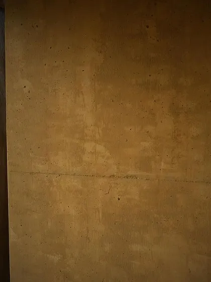 A detail of the mud-plastered wall at the Unnathi Farm pavilion, showing the subtle textures and tones of the natural material.