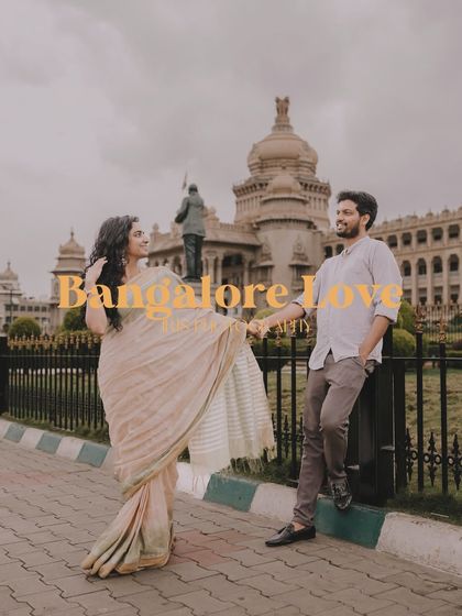 A classic Bangalore pre-wedding shoot in front of the Vidhana Soudha. This captures the couple's love story with an iconic city landmark as the backdrop.