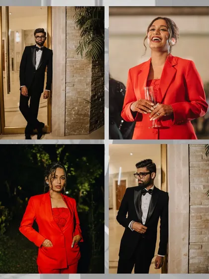 A collage of the couple's chic after-party looks. The bride's red pantsuit and the groom's classic tuxedo made for a stunning and modern combination.