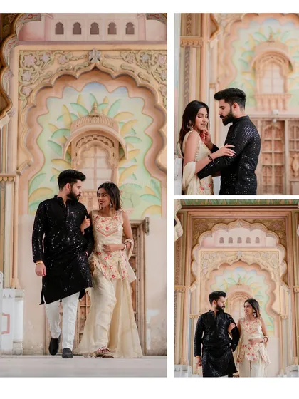 A collage of Siddharth and Simran at Patrika Gate, but the outfits and style also fit the royal theme, showing how we can blend locations.