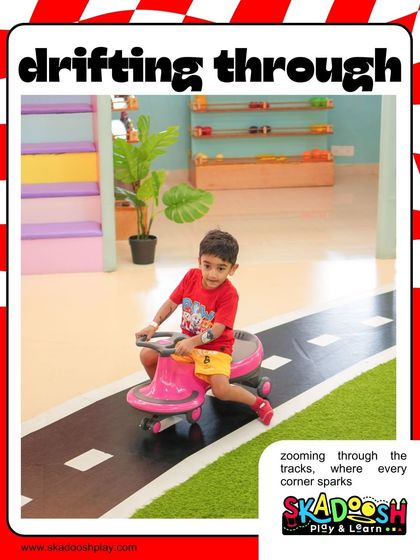 Drifting through the tracks at Skadoosh. Our ride-on cars provide endless fun and are a safe way for kids to experience the thrill of the race.