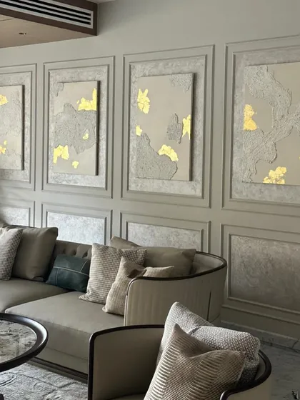 A little bit of shine can transform a piece. This triptych combines rough, sculptural texture with delicate 24ct gold leaf, creating a luxurious and elegant art installation for a client's living room in Mumbai.