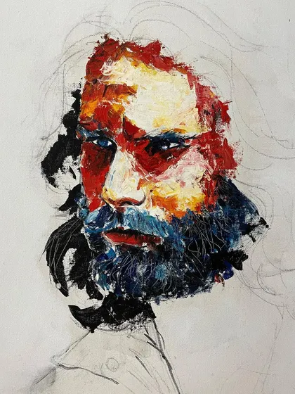 This is a work-in-progress shot showing the beginnings of a portrait. This is how it all started about eight years ago, developing this style of building the face with bold, colorful strokes of thick paint.