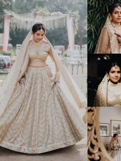 A collage of the beautiful bride, Nirali, in her golden lehenga, captured in various poses around the lovely garden venue.