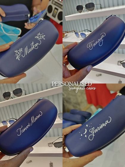 A collection of sunglass cases I personalized at the Lenskart event. I love adding little doodles like stars or florals to make each one even more unique for the customer.