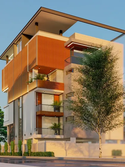 A side view of the layered minimalist facade, showing the depth created by the projecting wooden-clad volume and the recessed balconies.