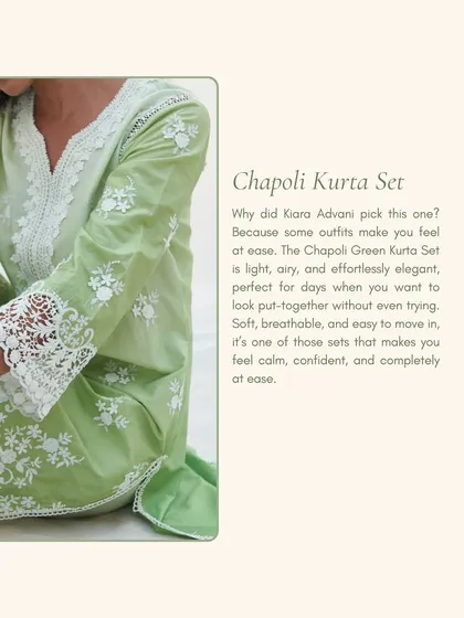 Why did Kiara Advani choose this piece? Because my Chapoli Green Kurta Set is light, airy, and effortlessly elegant. It’s for those days you want to look put-together without even trying.