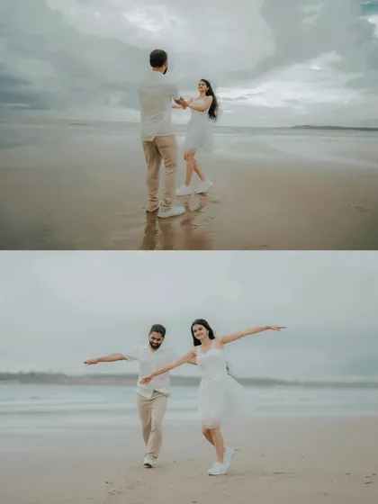 A collage showing a couple dancing and walking freely on the beach. This captures the carefree spirit of Pragati and Swapnil's seaside pre-wedding shoot.