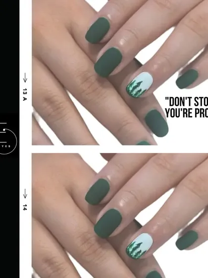 A simple yet effective matte design. We used a deep, matte green polish and created a treeline effect on the accent nail for a touch of nature.