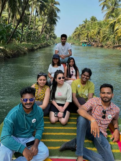 A group photo from our Gokarna trip, enjoying a boat ride in the Honnavar backwaters.