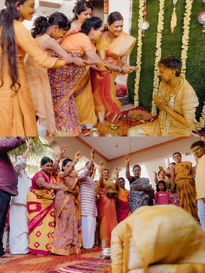A collage of a groom's Mangalasnanam, showing the playful and traditional moments of the ceremony.