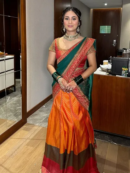 Traditions intact for this bride's Haldi. This South Indian look is elegant and timeless, with a focus on flawless skin and traditional attire.