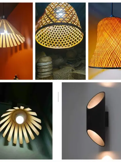 This collage presents a variety of our bamboo and rattan lighting designs. It features different shapes, weaving techniques, and styles, from conical pendants to intricate woven shades and modern wall sconces, highlighting the breadth of our collection.