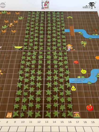 An overview of the colorful and engaging IRO Explorers mat. The theme of sowing seeds, removing weeds, and harvesting fruits introduces robotics concepts in a playful way.