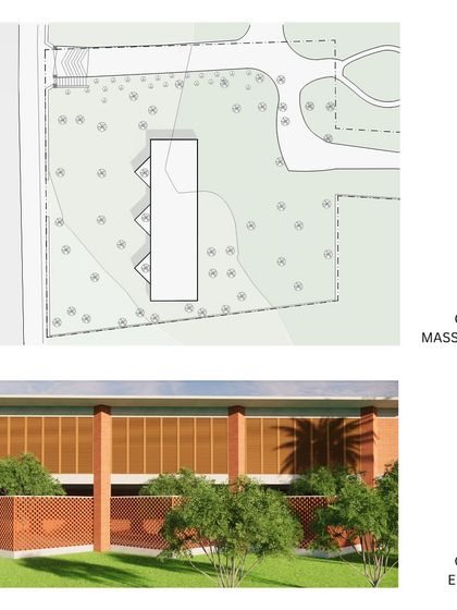A massing plan and elevation for Illuri Farms, showing a design that capsules existing trees within smaller courts. This approach allows the building to coexist with the mature landscape, creating a green haven in a bustling area.