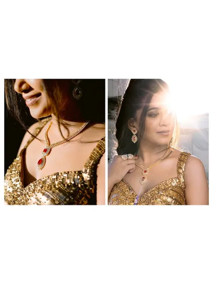 Details of the bride's stunning golden look. The close-up on her jewelry and the sun-kissed portrait showcase the beauty and elegance of her style.