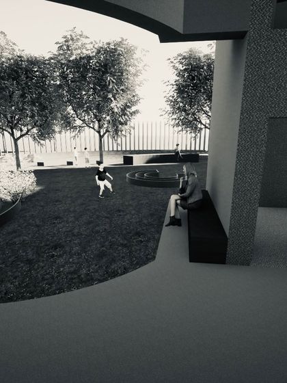 A rendered view from my architectural design project, exploring how people interact with built spaces and nature.