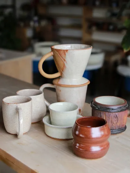 A variety of drinkware and small vessels created by my professional program students. They are exploring different forms, from pour-overs to mugs and small jars.