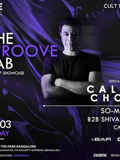 A poster for "The Groove Lab" at The Park, featuring Calm Chor. The dark, fluid, and artistic design is aimed at an audience that appreciates underground and experimental sounds.