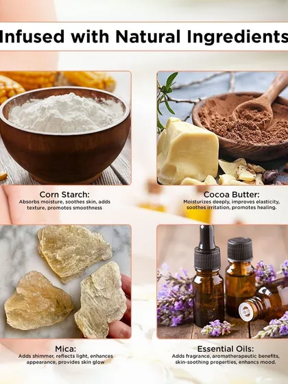 My Foot Bombs are infused with simple, natural ingredients. Corn Starch soothes, Cocoa Butter moisturizes, Mica adds a subtle shimmer, and Essential Oils provide a relaxing, aromatherapeutic experience.