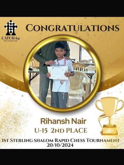 Congratulations to Rihansh Nair on securing 2nd place in the U-15 category at the 1st Sterling Shalom Rapid Chess Tournament. His performance demonstrates the strength of our teen players.