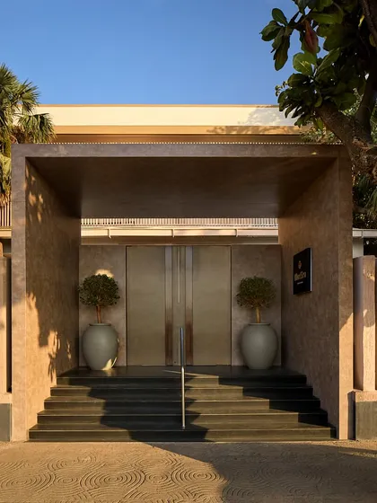 We created a grand, defined entryway for the iconic Blue Sea Banquet in Mumbai. The new ACP-clad portal, flanked by oversized urns, establishes a strong first impression and marks a clear threshold for this premier event space, setting a tone of modern sophistication.