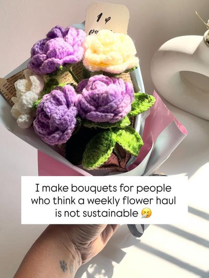 A weekly flower haul isn't always sustainable, but this is. This bouquet of purple and white crochet flowers is an eco-friendly way to always have fresh blooms in your home.