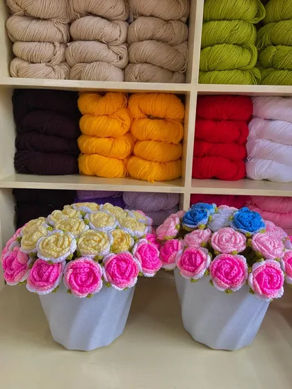 Two beautiful rose bouquets in pots, showcasing a mix of pink, yellow, and blue roses.