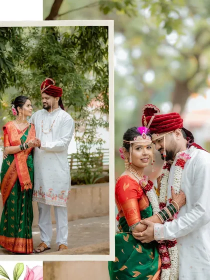 A collection of portraits showing the couple in both traditional and intimate poses, highlighting the bride's 'mundavalya' and the groom's 'pheta'.