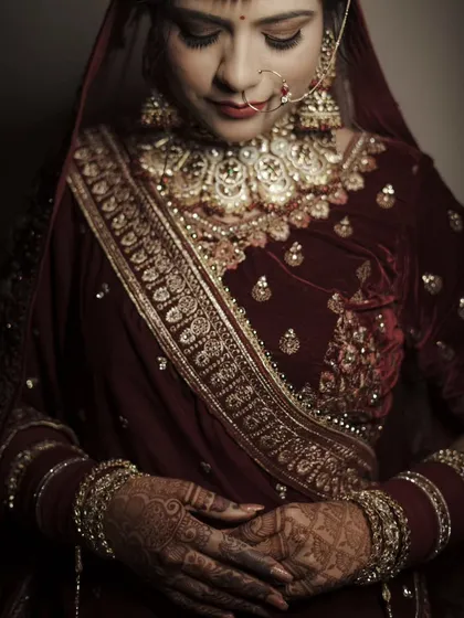 A close-up focusing on the rich texture of the bride's attire and the detailed henna on her hands.