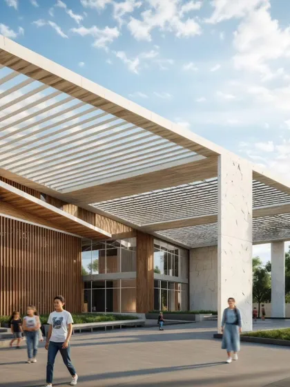 Another view of the entrance plaza, showing how students and visitors can gather and interact in the space. The seamless transition from the paved plaza to the green lawn and the covered walkways demonstrates our commitment to creating functional and people-friendly campus environments.