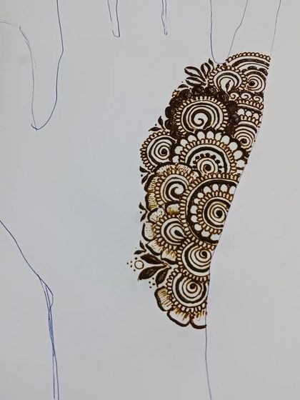 This is a quick, free-flowing party style design I practiced. It focuses on filling a section of the hand with swirls and dots, creating an elegant look that doesn't require full coverage.