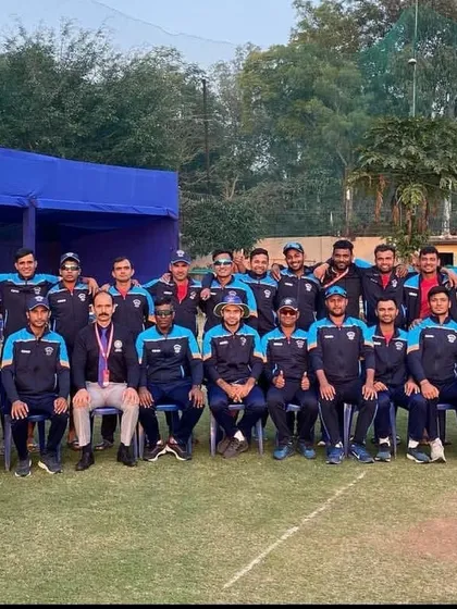 The Services team, including our players Rajat Paliwal and Devender Lohchab, after qualifying for the Vijay Hazare Trophy quarterfinal.