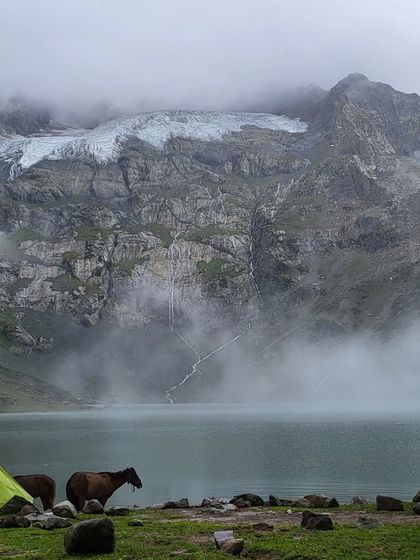 Horses grazing by our campsite at Gadsar Lake, with a glacier looming in the background. This is what it means to be truly immersed in nature.